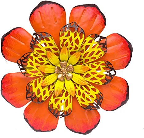 SONGXIN Metal Garden Flowers Home Accent Floral Wall Decor Hanging Decoration for Office Living Room Patio Kitchen, Porch, Hallway(13 Inch Orange and Yellow)