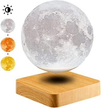 Levitating Moon Lamp Night Light Floating and Spinning 3D Printing LED Moon Lamp with Wooden Base and Magnetic Levitation Moon Light with 3 Colors for Office Home Desk Decoration