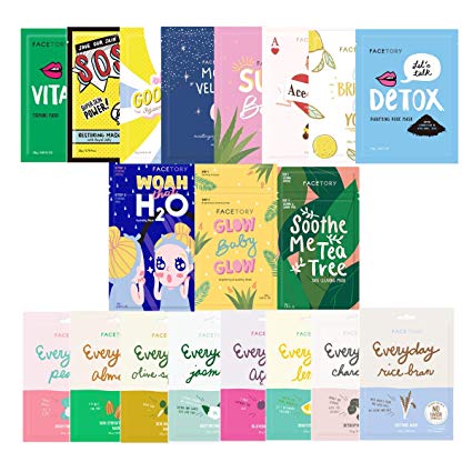FaceTory Full Sheet Mask Collection (19 pcs) For All Skin Types | Hydrating, Soothing, Moisturizing, Brightening Sheet Masks