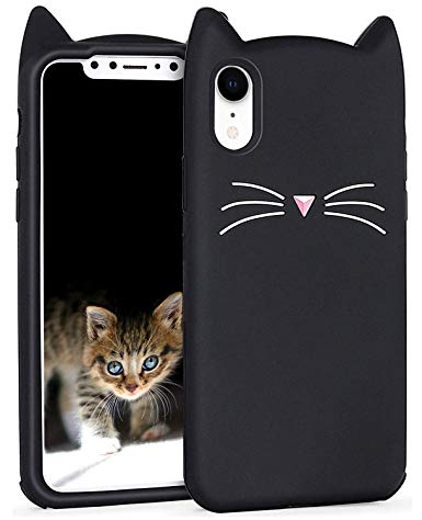iPhone XR Case, MC Fashion Cute 3D Party Meow Cat Ears Kitty Whikers Soft Slim Silicone Phone Case Teen Girls Women for Apple iPhone XR (2018) 6.1-Inch (Black)