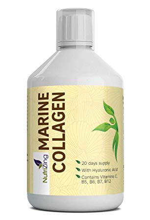 NutriZing's Marine Liquid Collagen with Hyaluronic Acid. Hydrolysed Protein Peptides in a 500ml Bottle. Contains Vitamins C, B5, B6, B7 and B12. Provides 10000 mg Per Serving.