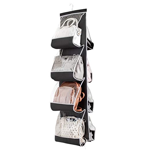 ZOBER Hanging Purse Organizer for Closet Clear Handbag Organizer for Purses, Handbags Etc. 8 Easy Access Clear Vinyl Pockets with 360 Degree Swivel Hook, 47" L x 12 ¼" W (Black)