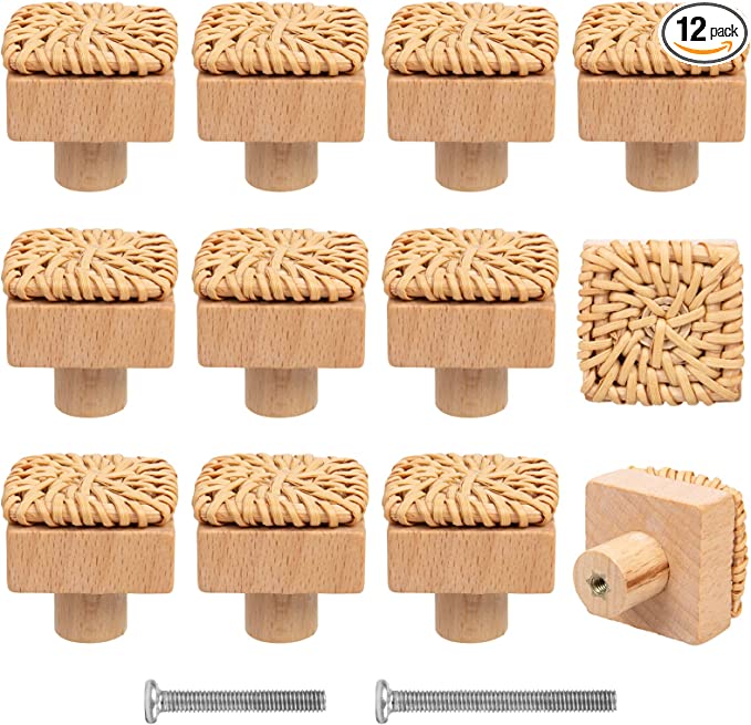 ANPHSIN 12 Pack Boho Rattan Dresser Knobs- Durable Beech Wood Drawer Knobs Handmade Wicker Woven Pulls with 24 Screws for Cabinets, Furniture (Square)