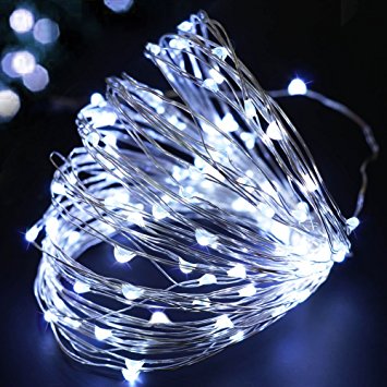 BRIGHT ZEAL 33' Long Cool White LED STRING LIGHTS (White Wire, TIMER, BATTERY Operated, 100 LEDs) - LED Starry STRING LIGHTS Fairy Lights - LED Battery String Lights - HOME Decor 5013