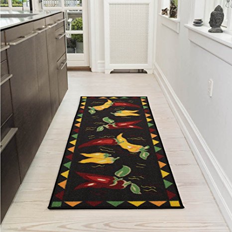 Ottomanson Siesta Collection Kitchen Hot Peppers Design (Non-Slip) Runner Rug, 20" x 59", Black