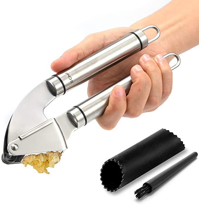 X-Chef Garlic Press, 304 Stainless Steel Garlic Mincer and Crusher, Garlic Smasher Presser, Dishwasher Safe & Rust Proof with Roller Peeler and Cleaning Brush, Easy Squeeze