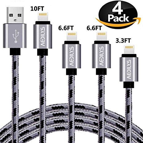 iPhone Charger, AEDILYS 4 Pack [3FT 6FT 6FT 10FT] Nylon USB Charging & Syncing Cord Charger for iPhone 8/8 Plus /7/7 Plus/6/6 Plus/6s/6s Plus/5/5s/5c/SE and more (Gray) (Gray)