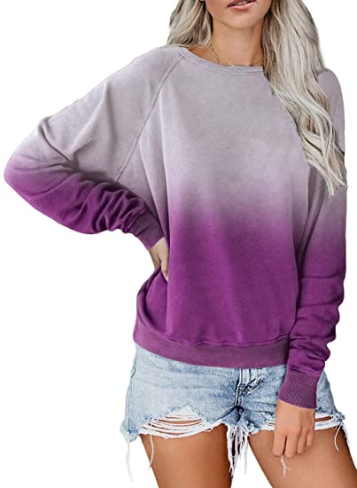 Dokotoo Womens Simple Crewneck Long Sleeve Casual Solid & Tie Dye Thin Pullover Sweatshirts Tops Shirts