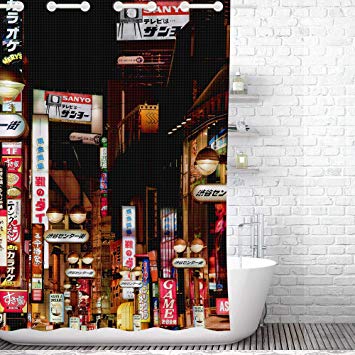 Traveling Twins Neon Lights Tokyo Hookless Shower Curtain (100% Polyester Waffle Fabric, Waterproof and Mildew Resistant + Liner Attachments Included) - 72 x 72 Inches