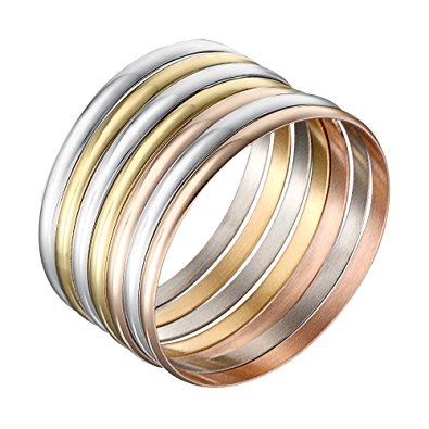 Castillna Set of 7 Tri-Color Silver / Gold / Rose Gold Stainless Steel Bangle Bracelet