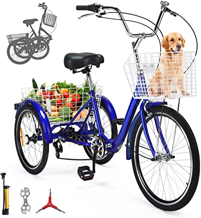 Eosaga Pre-Installation Adult Folding Tricycles, 7 Speed Folding Adult Trikes, 24 Inch 3 Wheel Bikes, Foldable Tricycle with Front & Rear Baskets for Adults, Women, Men, Seniors