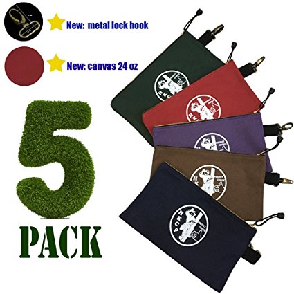 5 Pack - Heavy Duty 24 oz- Canvas Tool Bags with Dependable Metal Zippers- Metal Lock Hook ,Organize Smarter & More Efficiently with Durable Storage,12.5” x 7” Pouch, Easily Sorts Supplies
