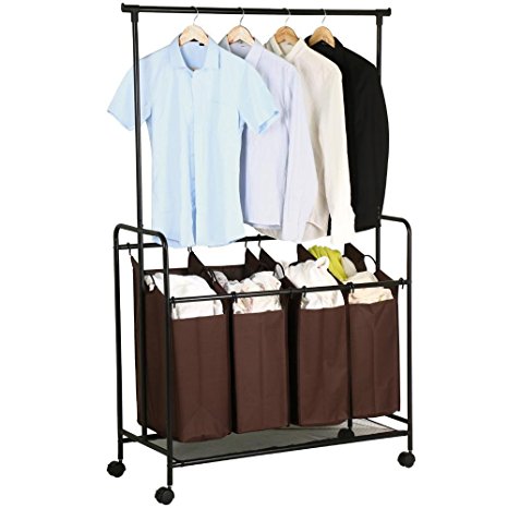 World Pride Stylish Brown Rolling Laundry Cart Sorter with Hanging Bar and 4 Storage Removable Bag