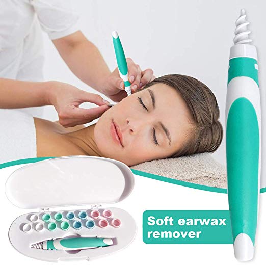 Ear Wax Remover Smart Ear Cleaner Swab Spiral Ear Wax Removal Tools KIT Safe Soft Silicone with 16 Replacement Tips (Green)