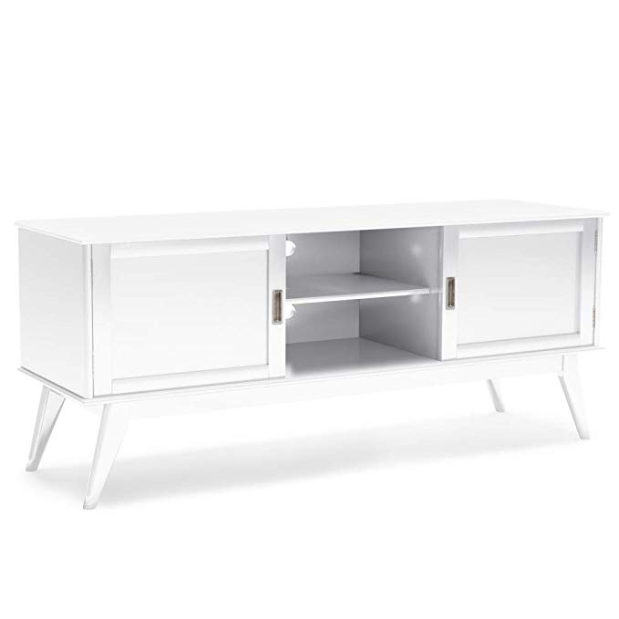 Simpli Home AXCDRP-07W Draper Solid Hardwood 60 inch Wide Mid Century Modern TV Media Stand in White For TVs up to 65 inches
