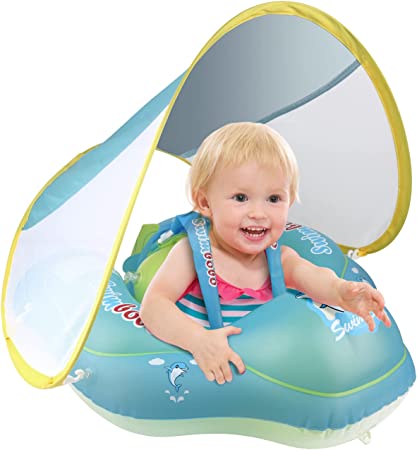 Krevi Baby Pool Float, Inflatable Infant Float with Sun Protection Canopy, and Sponge Safety Bottom Support Water Toys Swim Trainer for 3-36 Months