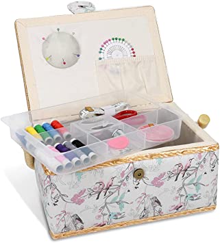 Navaris Sewing Box with Accessories - Sewing Basket with Organiser Tray Compartments 24.5 x 17.5 x 12.5 cm - Includes 76 Piece Kit - Bird Design