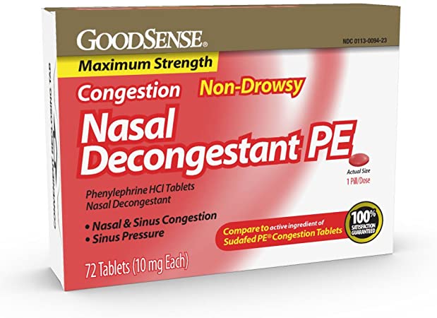 GoodSense Maximum Strength Nasal Decongestant PE, Phenylephrine HCl, 10 mg Tablets. Nasal and Sinus Congestion, Sinus Pressure, 72 Count