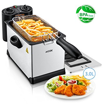 Aicok Stainless Steel Deep Fat Fryer 3L, Oil Fryer with Timer and Temperature Control, Viewing Window, 2000W, Silver