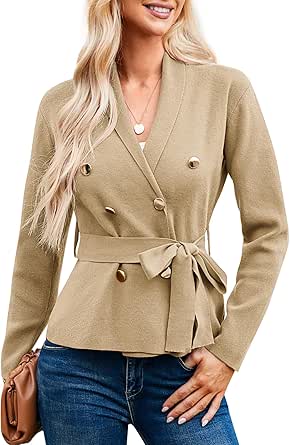 GRACE KARIN Women Long Sleeve Casual Blazer Cardigan Knit Belt Work Office Formal Jacket with Pocket