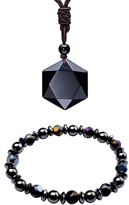 Black Obsidian Hexagram Natural Stone Pendant Necklace and Hematite Bracelet Hematite Metal Magnetic Therapy Bracelets
