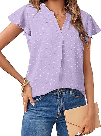 MEROKEETY Womens 2024 Summer V Neck Blouse Ruffle Short Sleeve Swiss Dot Dressy Casual Shirt Top