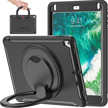 BATYUE iPad 6th Generation Case, iPad 5th Gen Case, iPad Air 2nd Case, iPad Pro 9.7" Case, Rugged Kids Cover with 360 Rotating Hand Strap & Pencil Holder, Black
