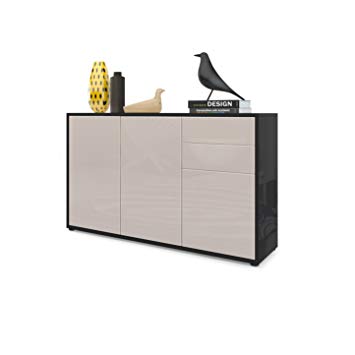 Vladon Cabinet Chest Drawers Ben V3, Carcass in Black High Gloss/Front in Sand grey High Gloss