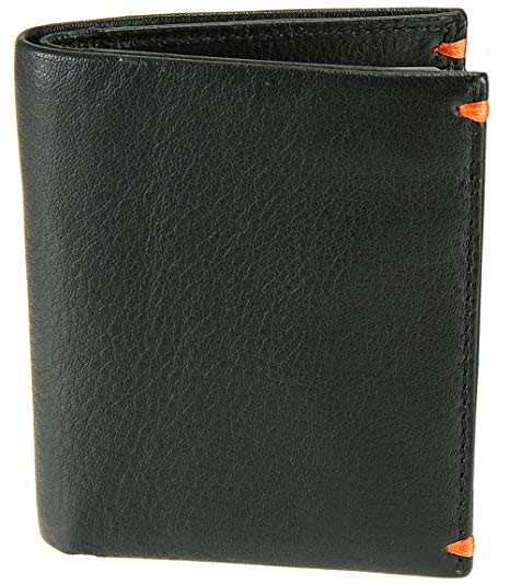 Visconti Mens Bifold Slim Leather Wallet For Credit Cards, Notes - Alpine AP60 (Black/Orange)