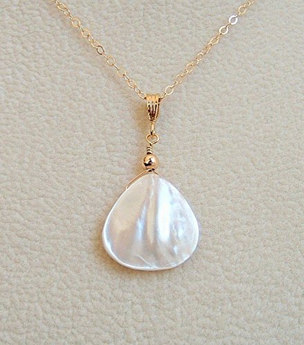 White Mother Of Pearl Shell Teardrop Briolette Jewelry Pendant 18" 14K Gold Filled Chain Necklace