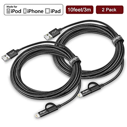 2Pack Miger 2.4A Multi Fast Charging Cord, MFi Certified 10Ft/3M Nylon Braided 2 in 1 Multiple USB Charger Cable with Lightning/Micro USB for iPhone Xs Max/XR/X/iPad/iPod/Samsung/Kindle and More