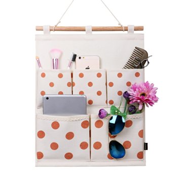 Homecube Linen Cotton Fabric Wall Door Cloth Hanging Storage Bag Case 5 Pocket Home Organizer (Coffee Polka Dots)