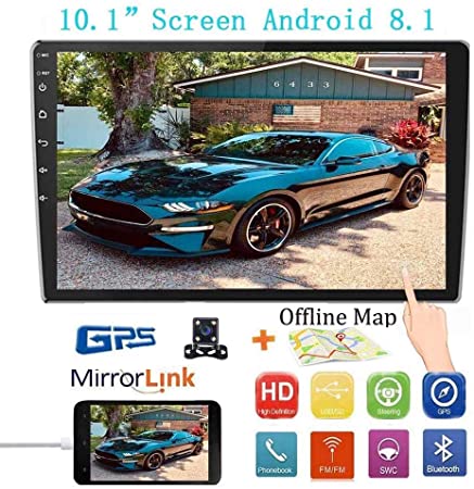 Double Din Car Stereo Head Unit Android 8.1 MP5 Player, 10.1” 2.5D Curved HD Touch Screen Car Radio Receiver, Support Rear View Camera&Android iOS Mirror Link Dual USB Input&Built-in Offline Map