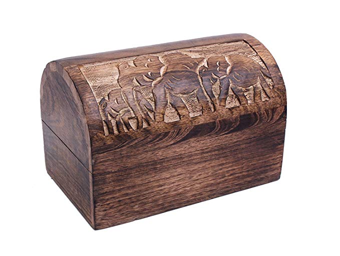 Chest Style Wooden Elephant Keepsake Storage Box Hand Carved with Rustic Finish, 9 x 6 inches