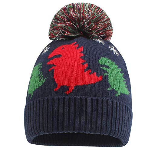 Baby Boys Knit Hat Girls Toddler Dinosaur Beanie with Pompom Infant Winter Cap with Fleece Lined for 2M-5T