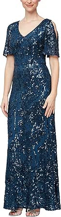 Alex Evenings Women's Sequin Stretch Lace Cold Shoulder Gown