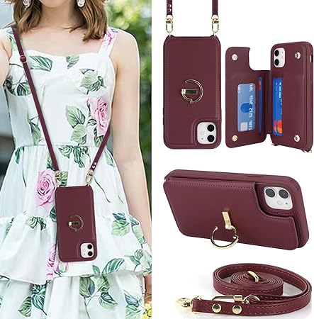 Zouzt iPhone 11 Case with Card Holder iPhone 11 Wallet Case iPhone 11 Case with Cord 11 Case with Lanyard Ring Crossbody Adjustable Necklace Shockproof Protective Phone Cover for Women (Burgundy)