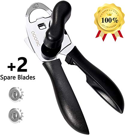 Can Openers Manual, ADORIC Stainless Steel Opener with Ergonomic Designed Comfort Grips, Smooth Edge-Ultra Sharp Cutting Tools (Black)