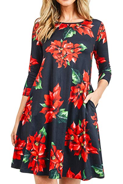 Women’s Printed Crew Neck A-Line Dresses with Pockets Casual Tropical Floral Novelty Animal Christmas Patterns