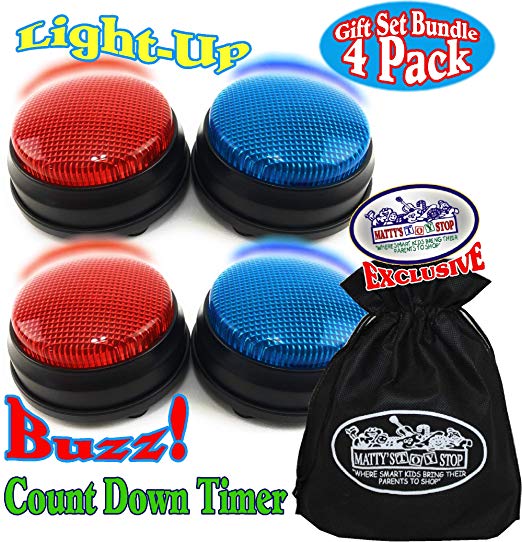 Matty's Toy Stop Lights & Sounds Electronic 3 Mode Red & Blue Game Answer Buzzer and Count Down Timer Gift Set Bundle with Bonus Storage Bag (Perfect for Games, Classrooms, etc.) - 4 Pack