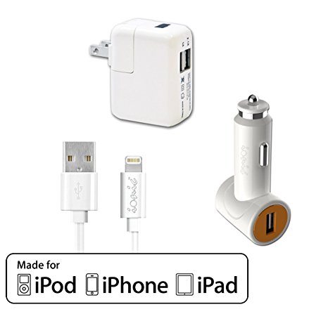 Ionic Pro Dual USB Car/Wall  Charger Adapter Bundle with 3-Feet Lightning to USB Cable for Select iPhone Models -  White