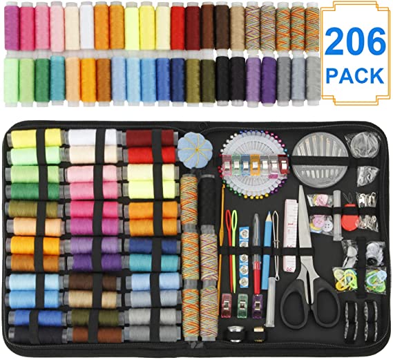 HuaQi Sewing Kit 206pack Sewing Accessories and Supplies with 42 XL Thread Spools, Sewing Needles, Scissors, Tape Measure, Thimble etc. for Traveler, Adults, Beginner, Emergency, DIY (XL-206pack)