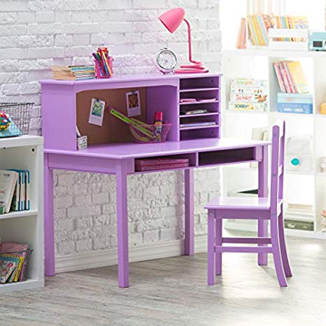 Guidecraft Children’s Media Desk and Chair Set – Lavender: Student's Study Computer Workstation with Hutch and Shelves, Wooden Kids Bedroom Furniture