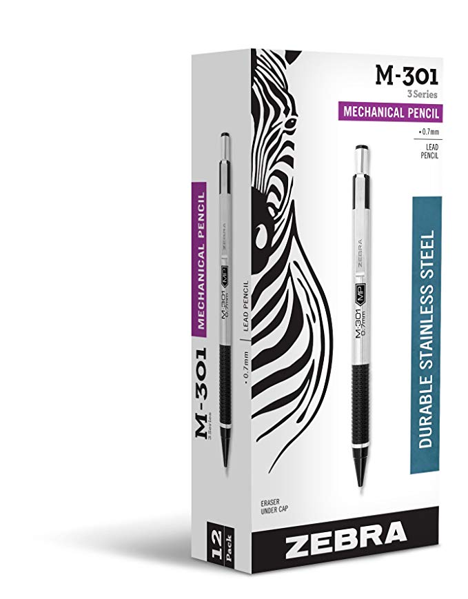 Zebra M-301 Stainless Steel Mechanical Pencil, 0.7mm Point Size, Standard HB Lead, Black Grip, 12-Count