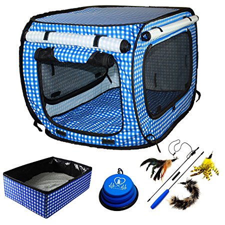 Pet Fit For Life Collapsible Cat Bed/House/Carrier with Portable Litter Box and Bonus Pet Fit For Life Cat Feather Toy and Collapsible Bowl