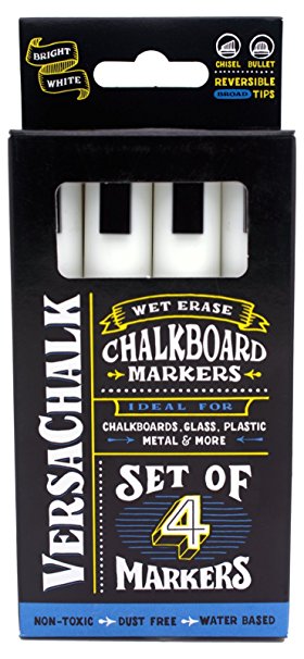 White Liquid Chalk Markers (4-pack) by VersaChalk - For Chalkboard Signs, Blackboards, Glass, Windows