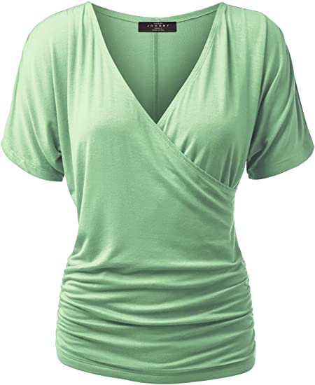 MBJ Womens V Neck Short Sleeve Wrap Front Drape Dolman Top - Made in USA