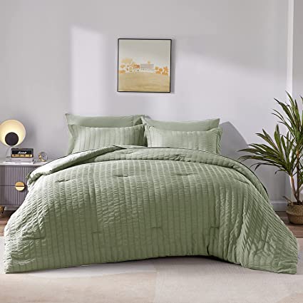 CozyLux Full/Queen Seersucker Comforter Set with Sheets Green Bed in a Bag 7-Pieces All Season Bedding Sets with Comforter, Pillow Sham, Flat Sheet, Fitted Sheet, Pillowcase