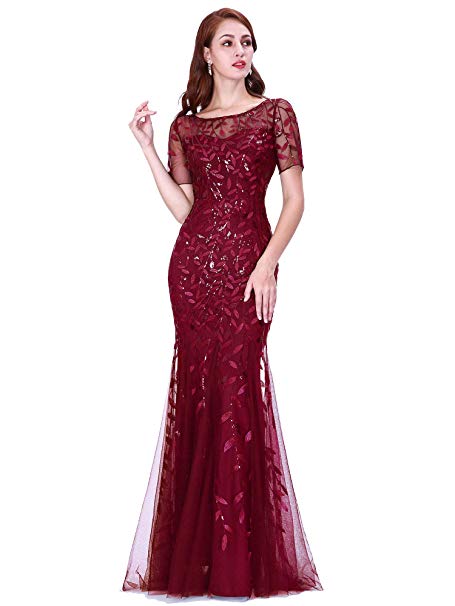Ever Pretty Women't Elagant Short Sleeve Long Mermaid Sequin Tulle Prom Evening Dresses EZ07707