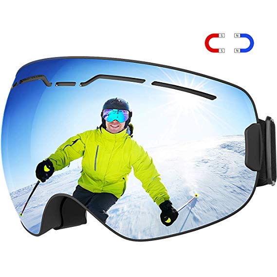 TOPELEK Upgrade Magnetic Ski Googles,Interchangeable Lens and Magnetic Detachable Foam,Anti-Fog and UV 400 OTG Snow Protection Goggles,Double-Layer Spherical Lenses,Helmet Compatible for Men Women-Grey